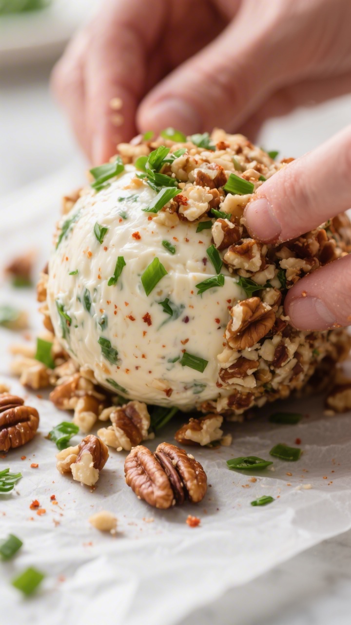 Close-up process shot: Chilled vegan cheese ball being rolled in a crunchy herb-nut coating on a par