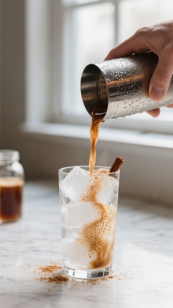 Close-up process shot of brown sugar shaken espresso being poured from a frosty cocktail shaker into