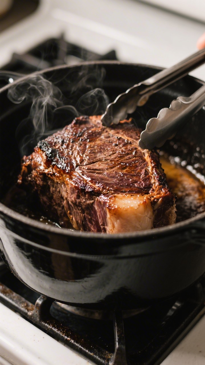 Close-up process shot: Searing a well-marbled beef chuck roast in a black enameled Dutch oven, deepl