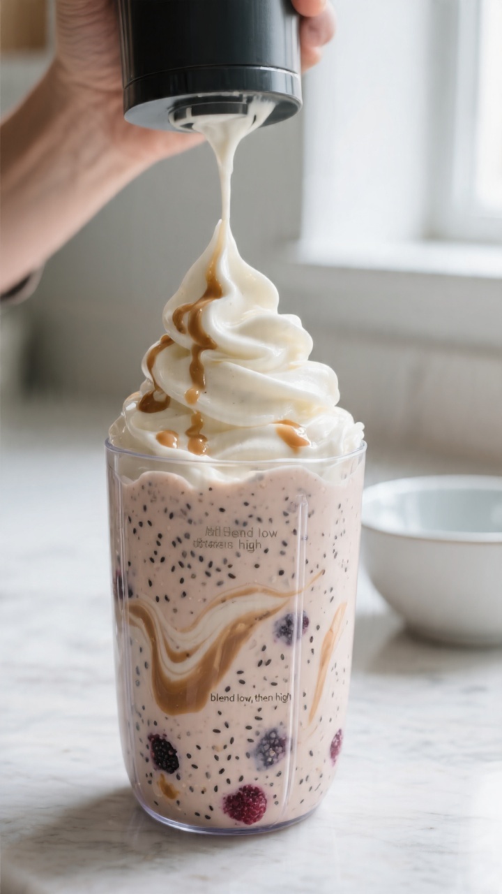 Close-up process shot: Thick, creamy high-protein smoothie base mid-blend in a high-speed blender ja