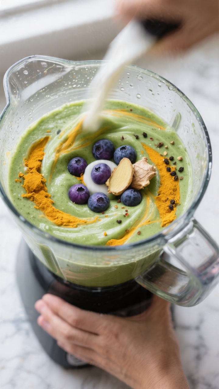 Cooking process: A high-speed blender mid-whirl blending a vibrant anti-inflammatory smoothie, cream