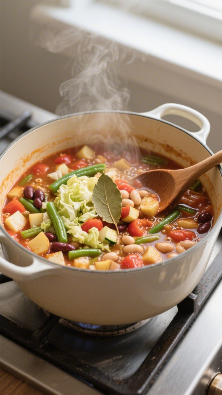 Cooking process: A large enameled Dutch oven of simmering minestrone mid-cook, overhead shot. Visibl