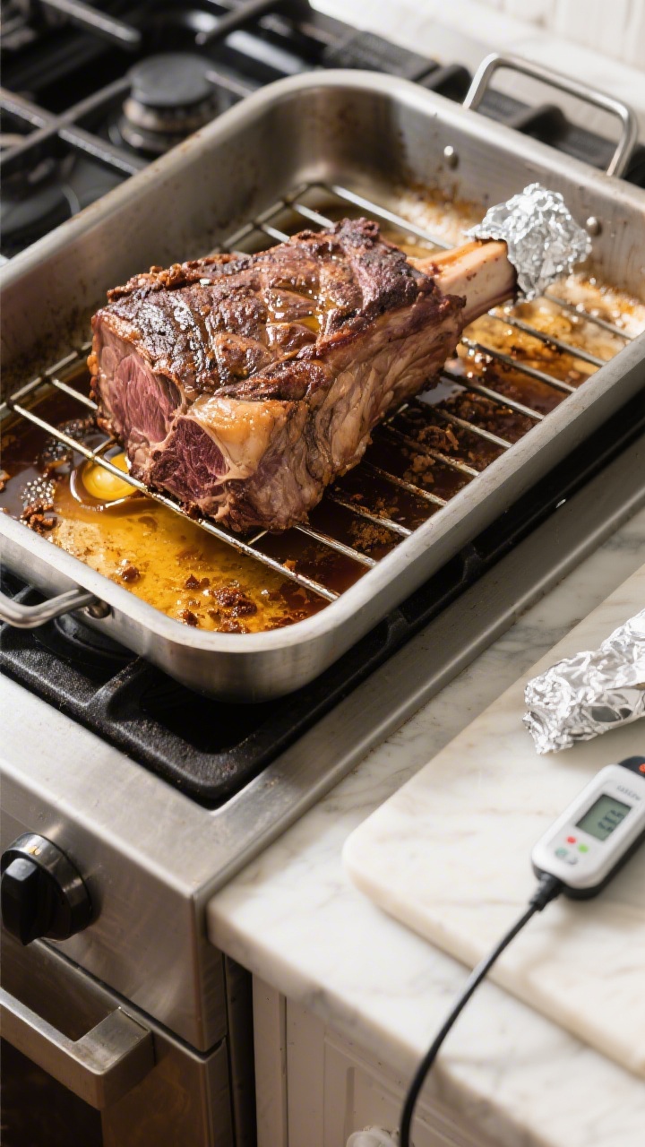Cooking process action: Overhead shot of the prime rib resting on a rack in a sturdy roasting pan on