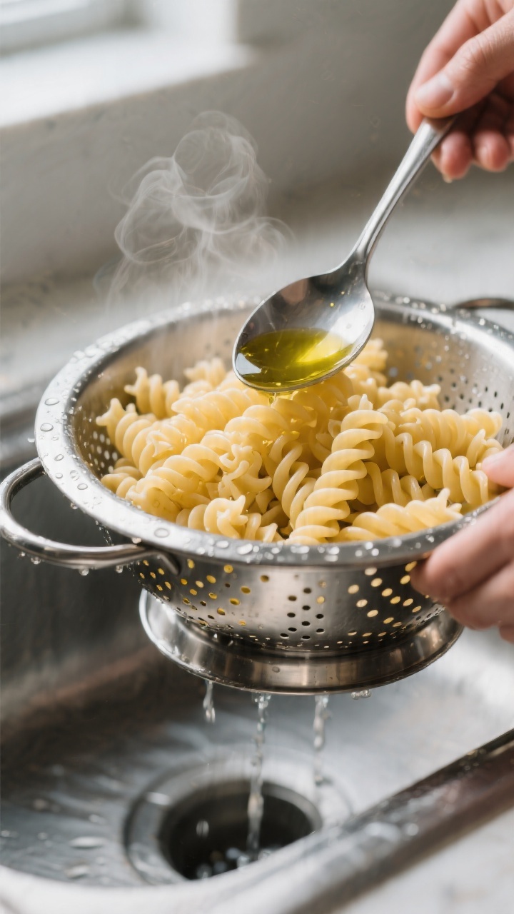 Cooking process: Al dente rotini just drained and quickly cooled, glistening with a teaspoon of oliv