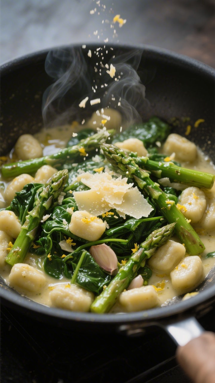 Cooking process: Asparagus spinach gnocchi being finished in a large skillet—gnocchi and blanched 