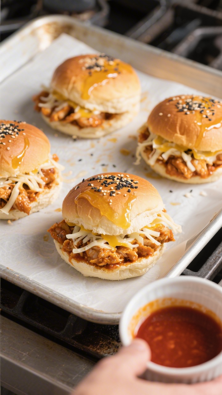 Cooking process: Assembled buns on a parchment-lined sheet pan mid-bake at 400°F—bottom halves pi