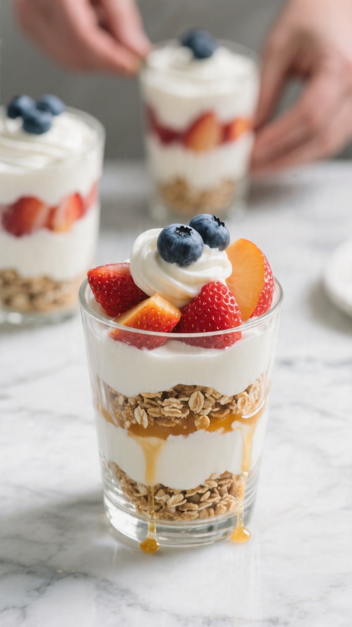 Cooking process: Assembling summer yogurt parfaits in clear glasses—distinct layers of creamy Gree