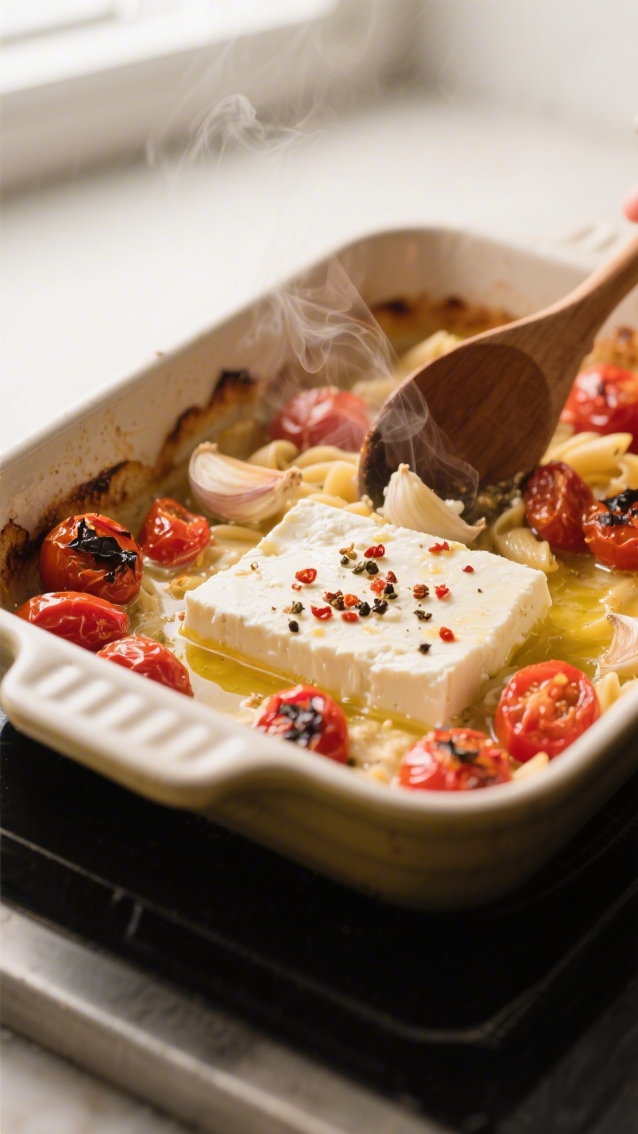Cooking process — Baked Feta Pasta: A 3/4 angle close-up of a small roasting pan just pulled from 