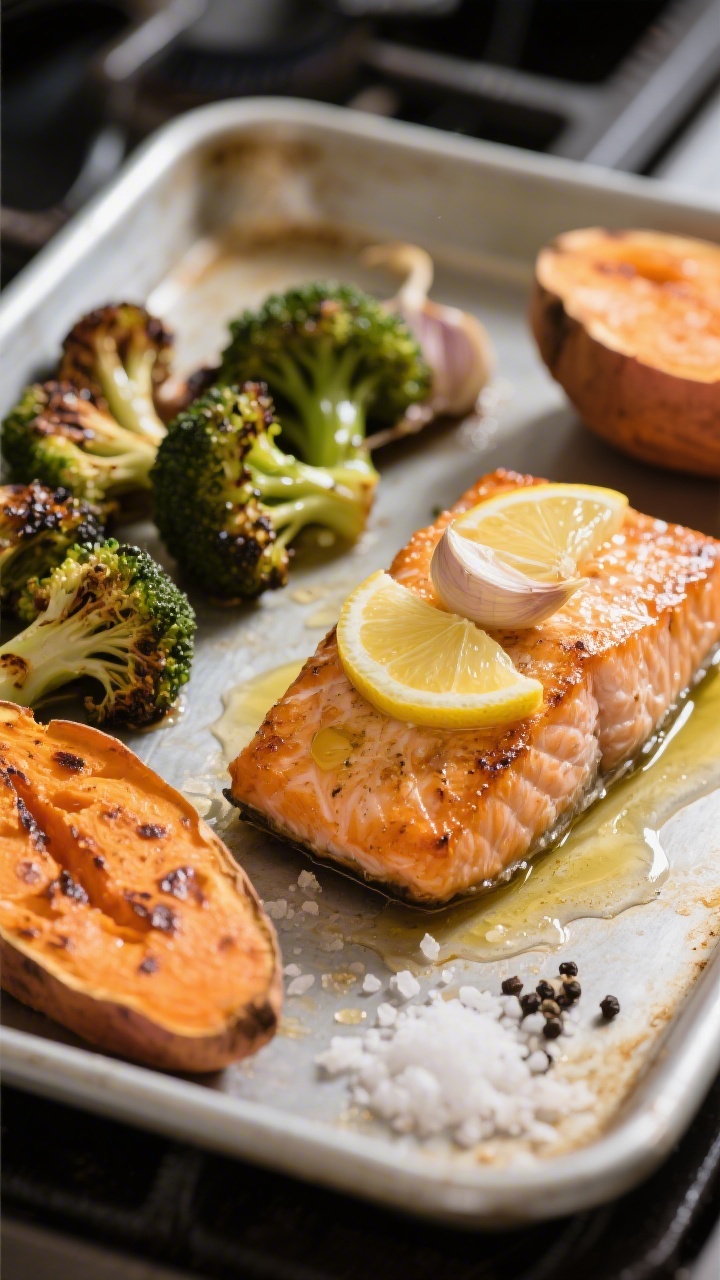 Cooking process: Baked salmon fillet just out of the oven on a sheet pan, edges lightly caramelized,