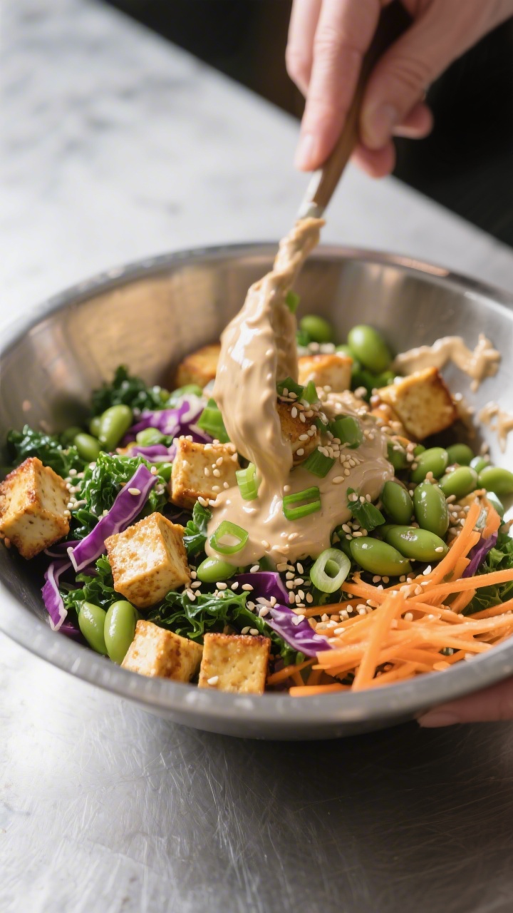 Cooking process: Baked tofu and edamame getting tossed with tahini-ginger dressing in a wide stainle