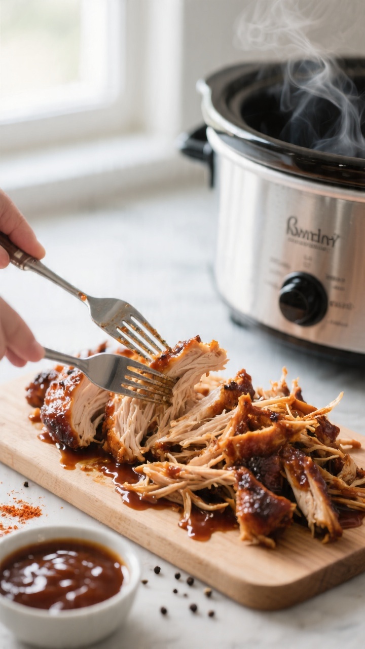 Cooking process – BBQ Pulled Chicken: Close-up of tender BBQ pulled chicken just shredded with two