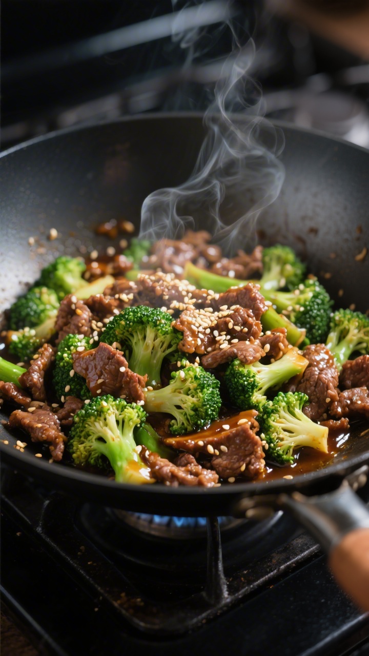 Cooking process – Beef and Broccoli Stir-Fry: Sizzling ground beef and bright-green broccoli flore