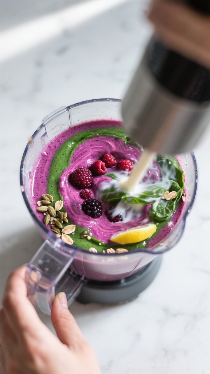 Cooking process: Berry Green Protein Smoothie mid-blend action in a high-speed blender, overhead sho