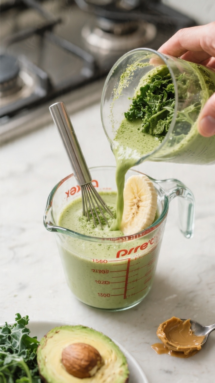 Cooking process: Bloomed matcha being whisked into warm oat milk in a heat-safe glass measuring cup,