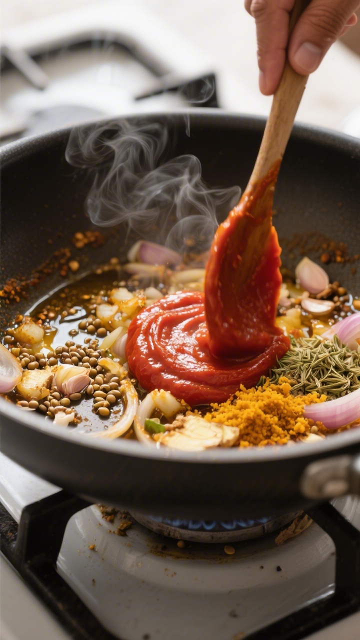 Cooking process — Blooming spices and building the base: A wide, top-lit close-up of a deep sauté