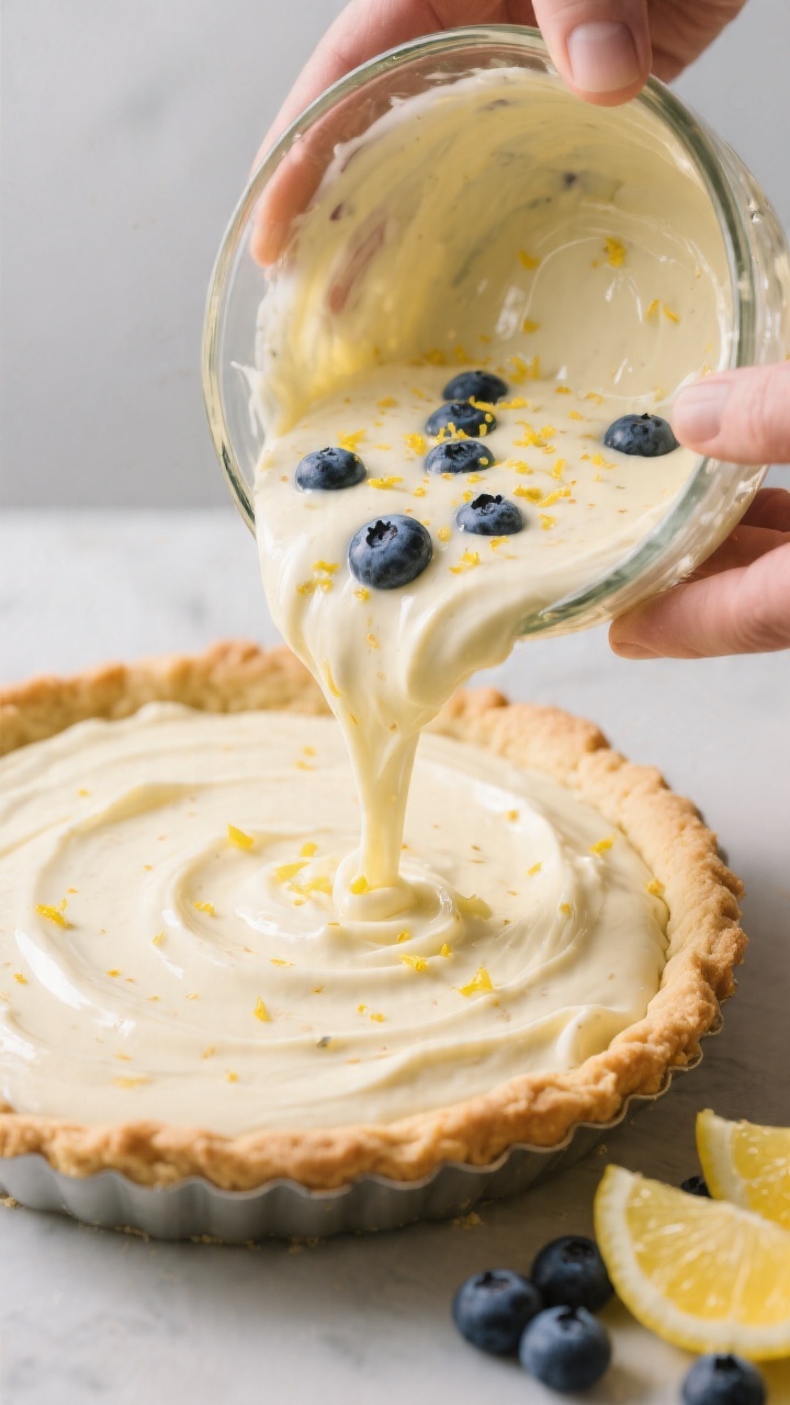 Cooking process: Blueberry Lemon Icebox Pie filling being poured into a shortbread crust—silky pal