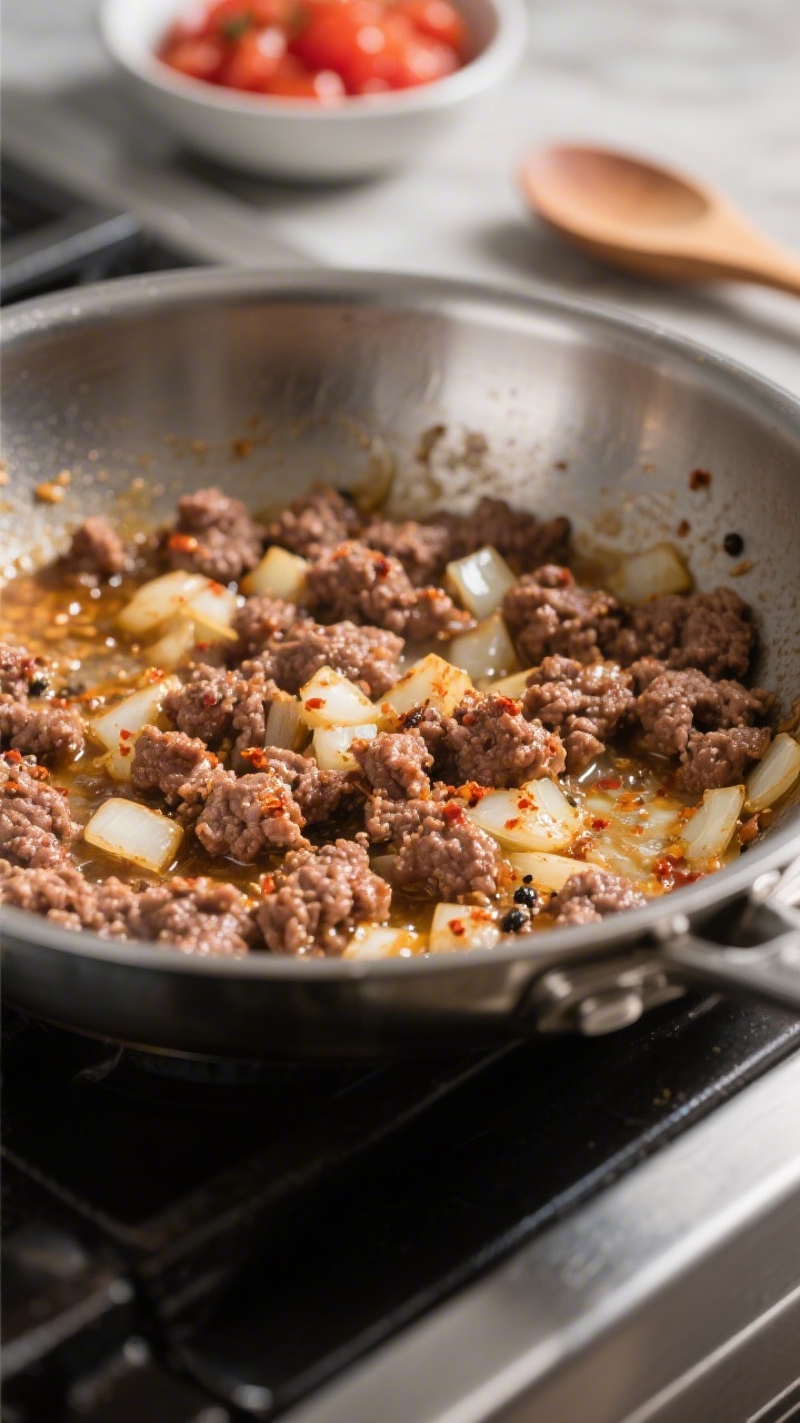 Cooking process — Browning ground beef in a wide stainless-steel skillet: deeply caramelized, cris