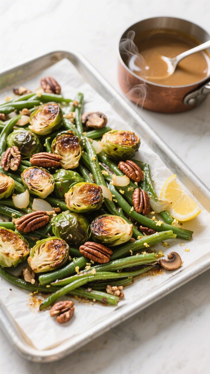 Cooking process: Brussels sprouts and green beans roasting together on a parchment-lined sheet pan a