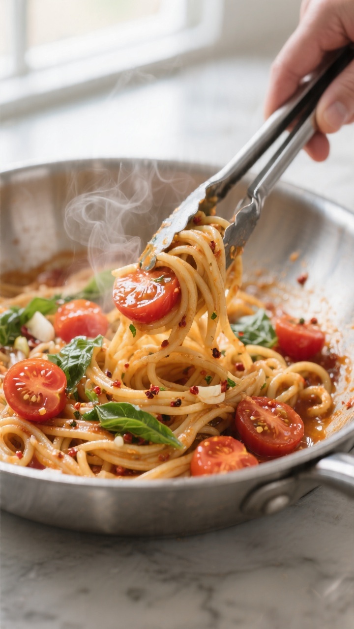 Cooking process: Bucatini tossed with glossy no-cook tomato-basil sauce in a wide stainless-steel bo