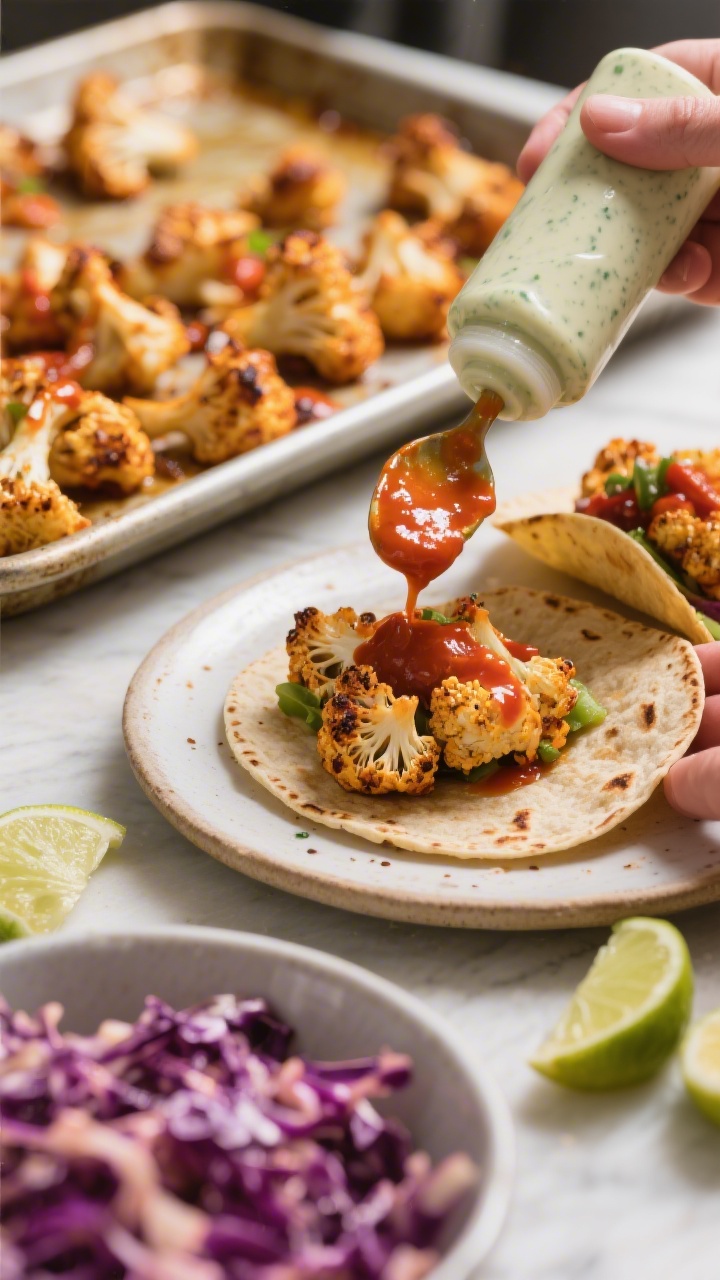 Cooking process: Buffalo cauliflower tacos being assembled—sheet pan of roasted, blistered caulifl