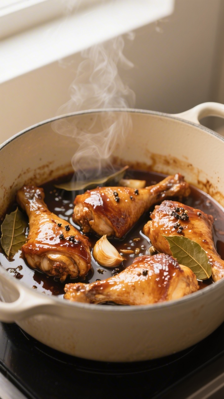 Cooking process: Chicken adobo mid-simmer in a shallow Dutch oven, bone-in skin-on thighs glistening