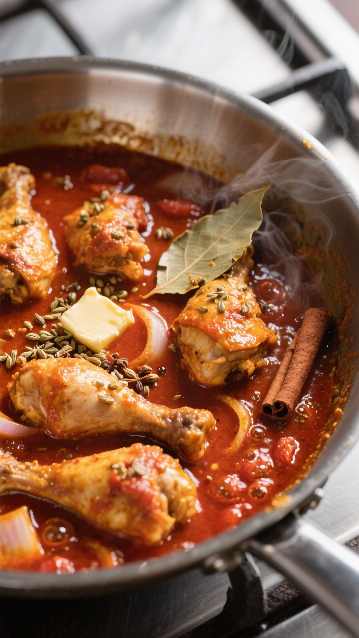 Cooking process: Chicken Curry simmering in a shallow stainless sauté pan, showing tender marinated