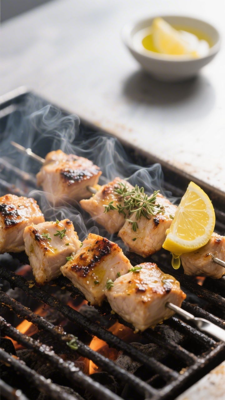 Cooking process – Chicken Souvlaki on the grill: Marinated chicken cubes sizzling on metal skewers