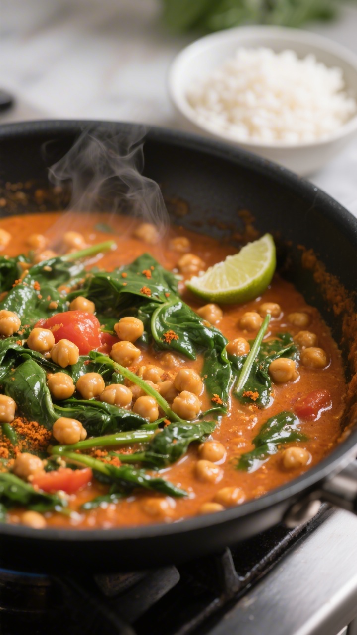 Cooking process — Chickpea Spinach Curry simmering: A medium-close shot of a shallow skillet with 