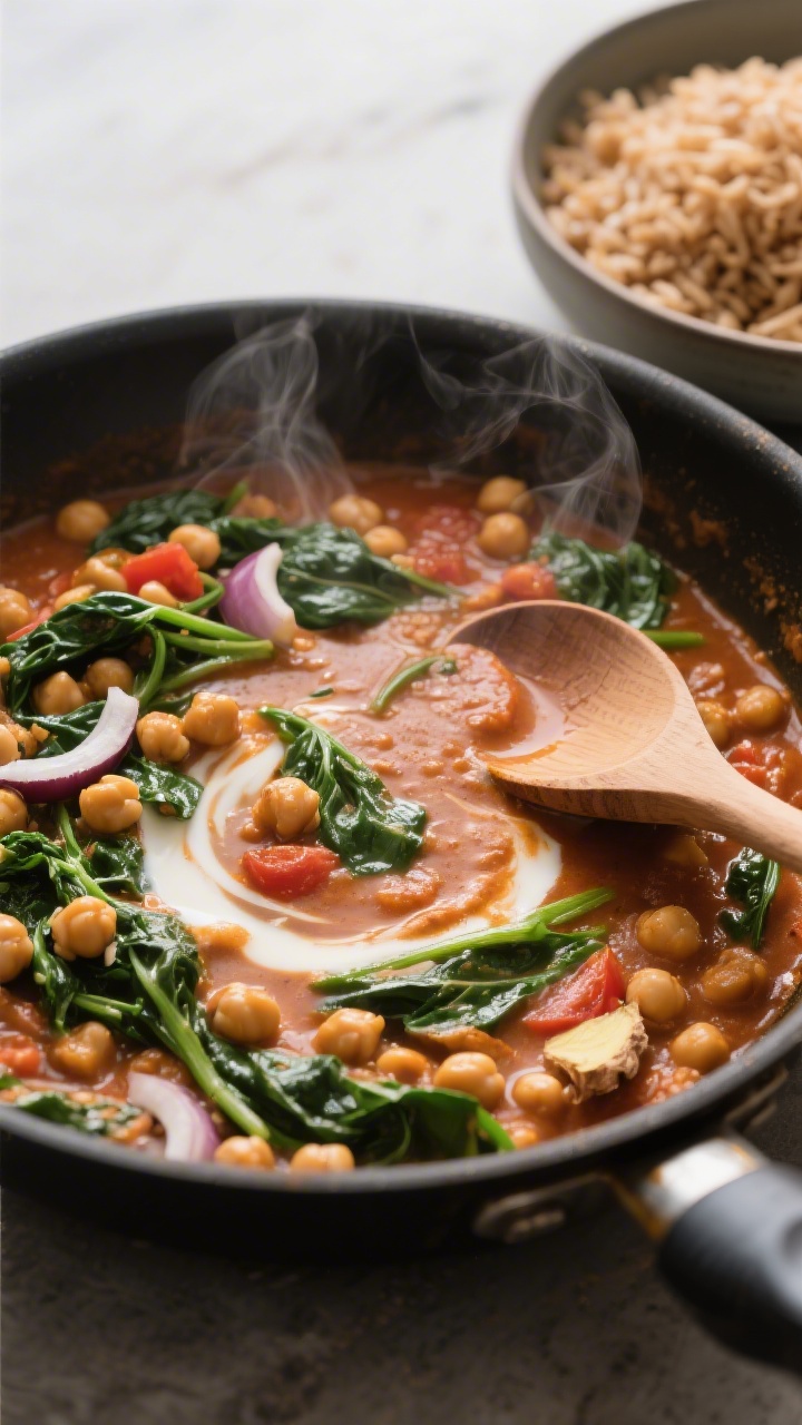 Cooking process: Chickpea spinach curry simmering in a wide skillet—tomato-coconut base bubbling a