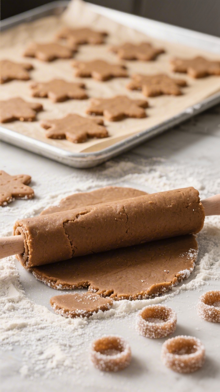 Cooking process: Chilled gingerbread dough being rolled to 1/4 inch on a lightly floured surface, wi