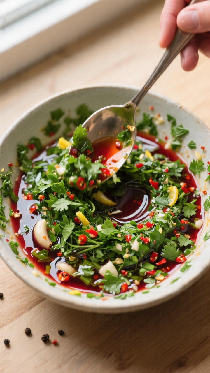 Cooking process – chimichurri being mixed: Overhead shot of a medium bowl filled with freshly made