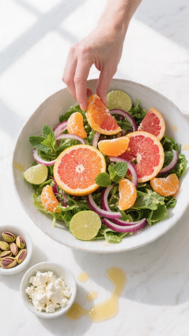Cooking process: Citrus salad assembly in progress, overhead shot of a large bowl of mixed greens li