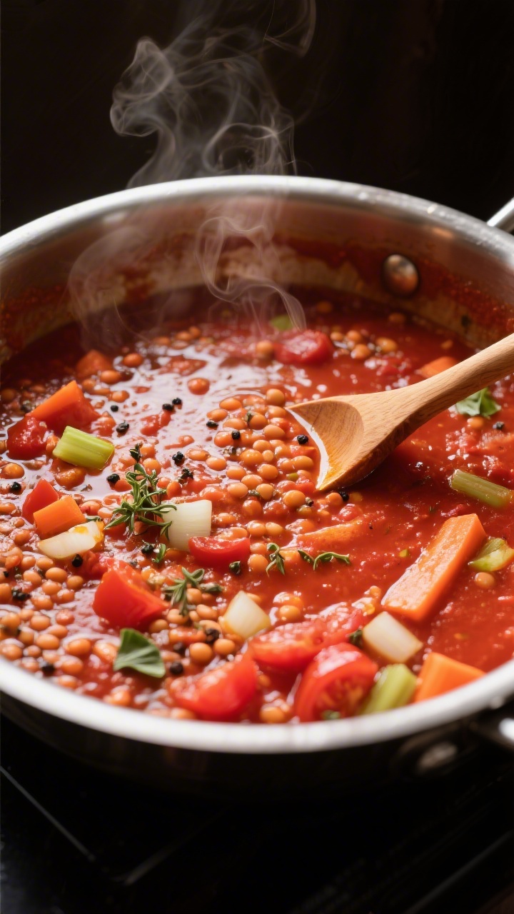 Cooking process close-up: A bubbling tomato–red lentil sauce simmering in a wide, shallow stainles