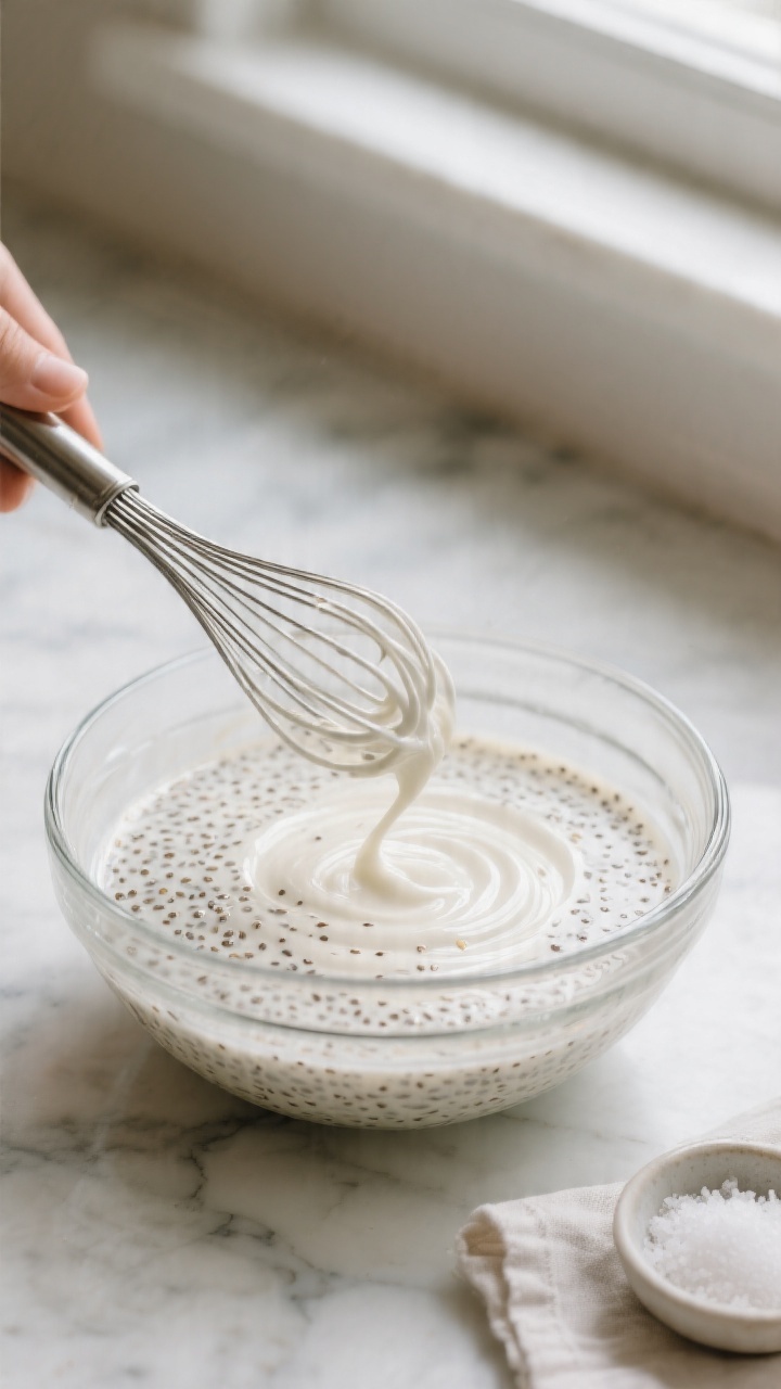 Cooking process close-up: A glass mixing bowl on a light marble surface with freshly whisked coconut