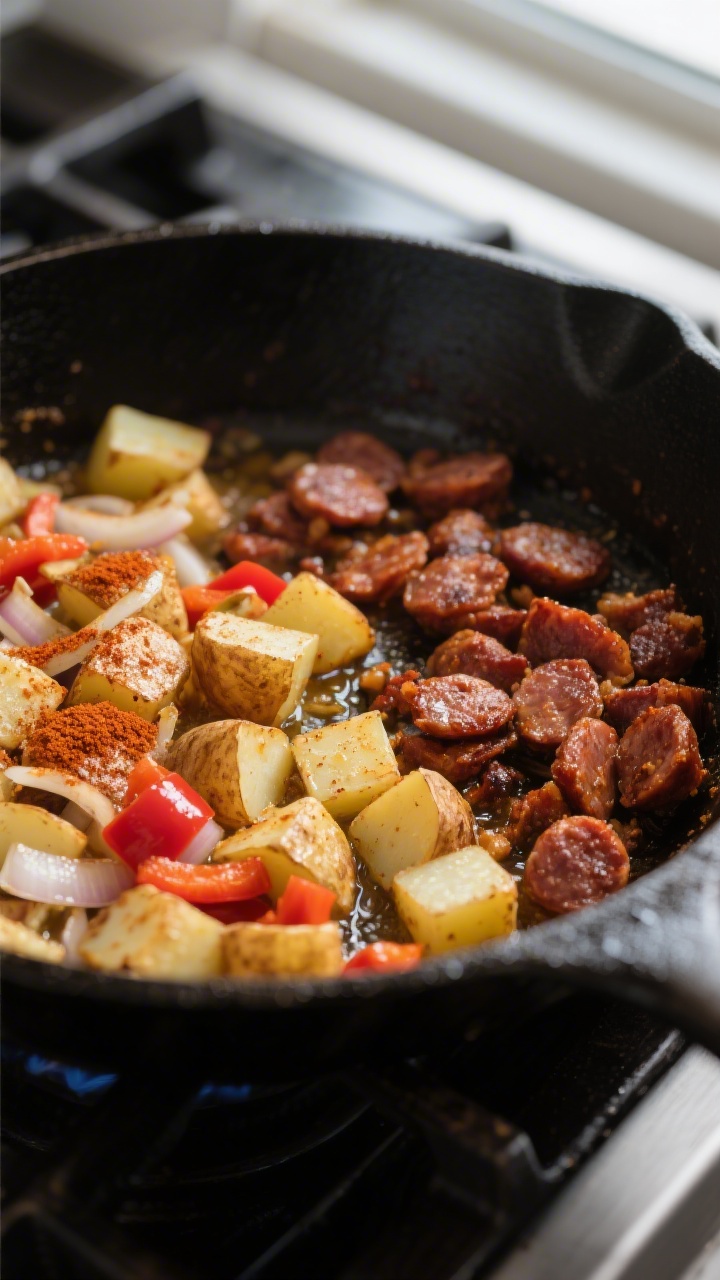 Cooking process close-up: A large skillet on the stove with Mexican chorizo browned and slightly cri