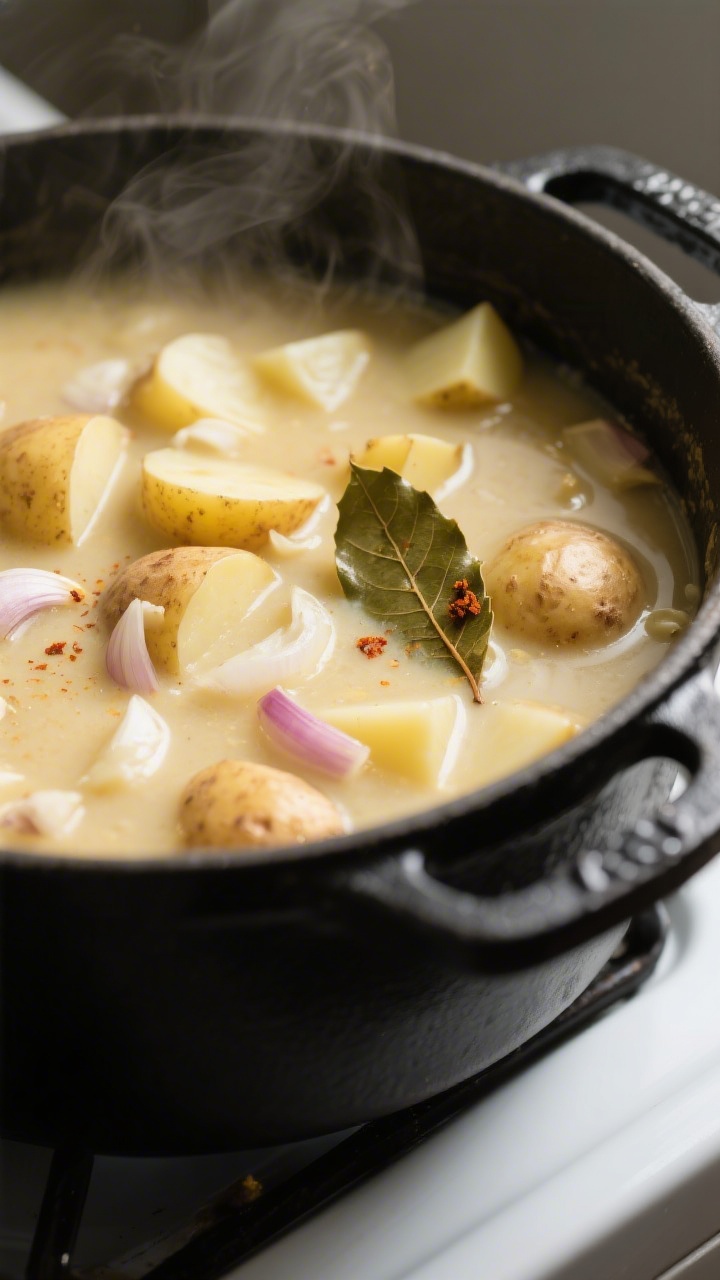 Cooking process close-up: A simmering pot of potato soup base with tender Russet and Yukon Gold chun
