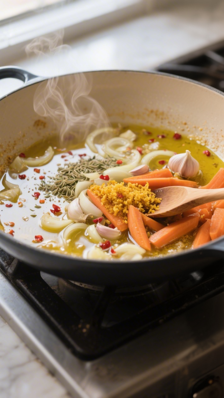 Cooking process close-up: A wide shallow pot on the stovetop with softened onions, garlic, and grate