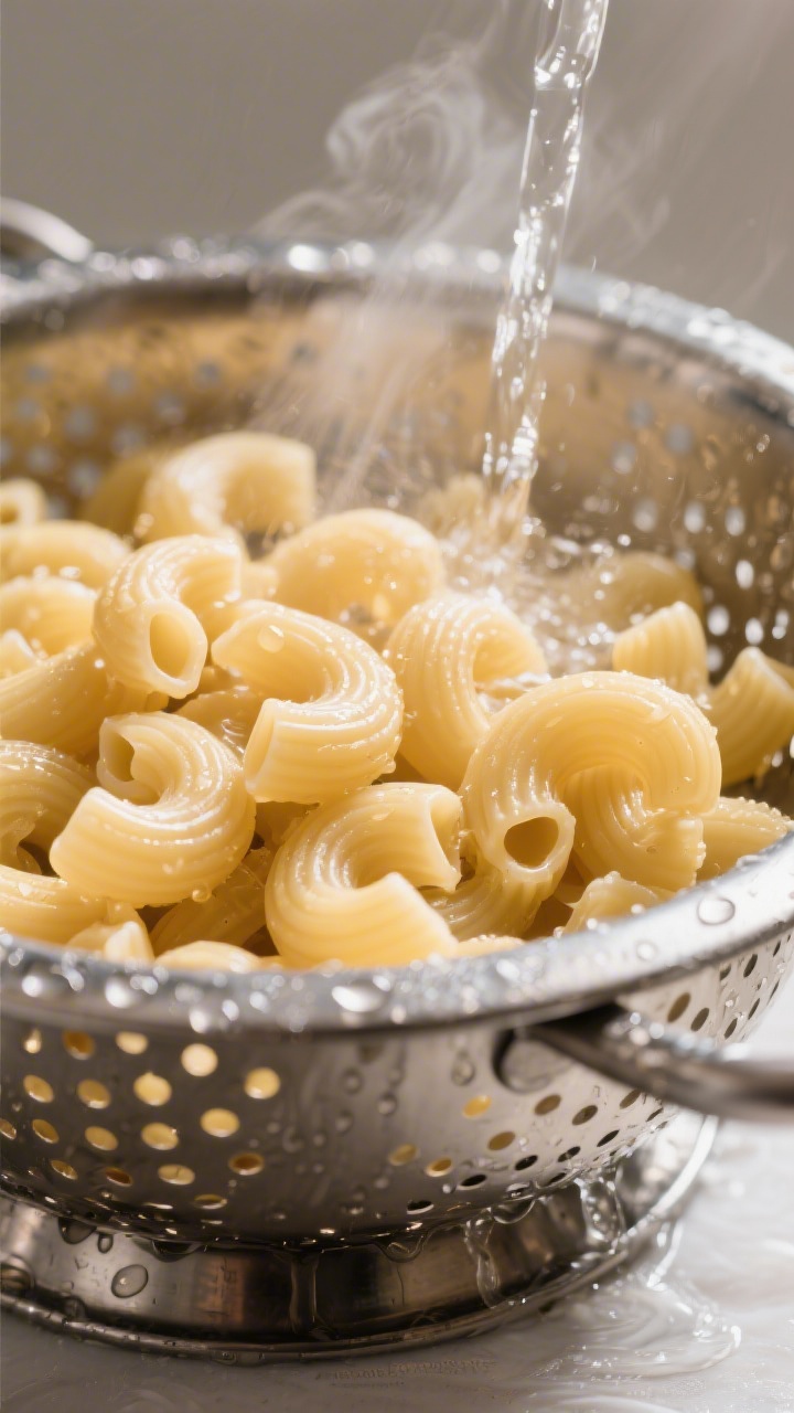 Cooking process close-up: Al dente elbow macaroni just drained and rinsed under cold water in a stai
