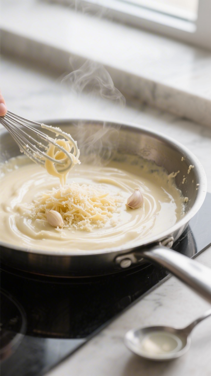 Cooking process close-up: Alfredo sauce in a stainless-steel skillet at a gentle simmer, glossy crea