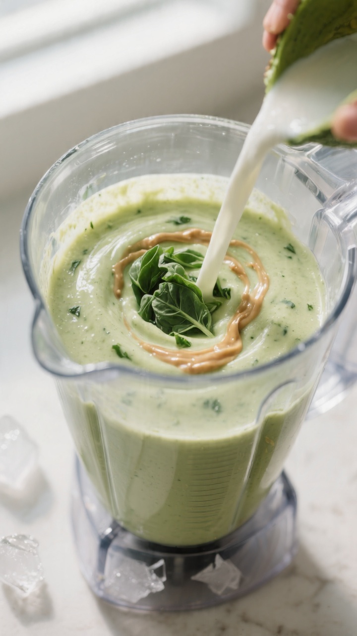 Cooking process close-up: Avocado spinach smoothie mid-blend in a clear high-speed blender, silky pa
