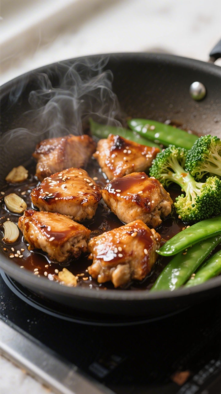 Cooking process close-up: Bite-size chicken thigh pieces searing in a large skillet, deep caramelize