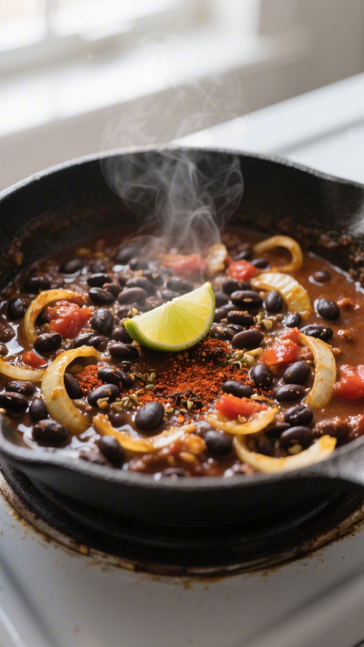 Cooking process close-up: Black bean taco filling simmering in a shallow skillet, saucy and glossy w