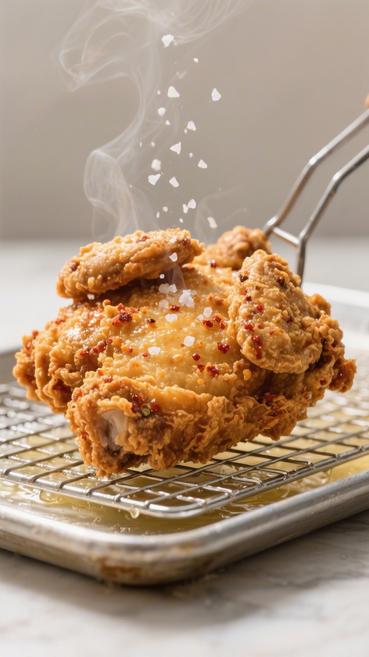 Cooking process close-up: Buttermilk fried chicken just lifted from hot oil (325–350°F), golden-b