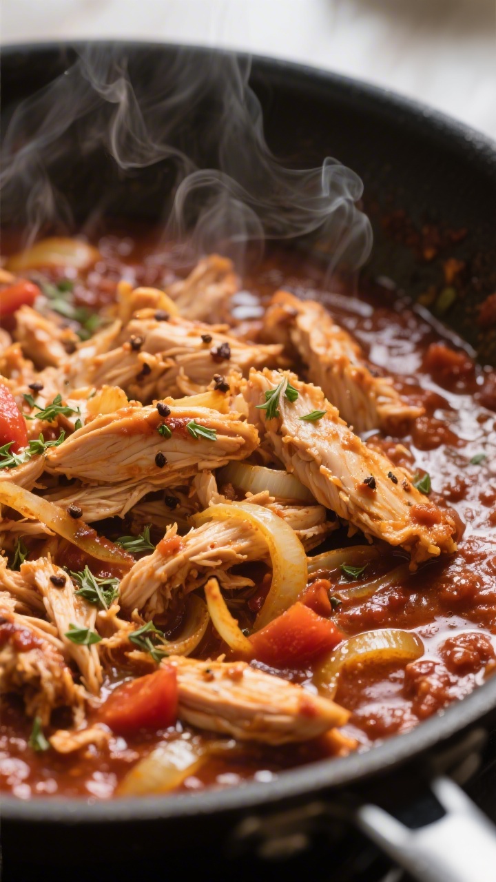 Cooking process close-up: Chicken tinga simmering in a wide skillet, shredded chicken folded back in