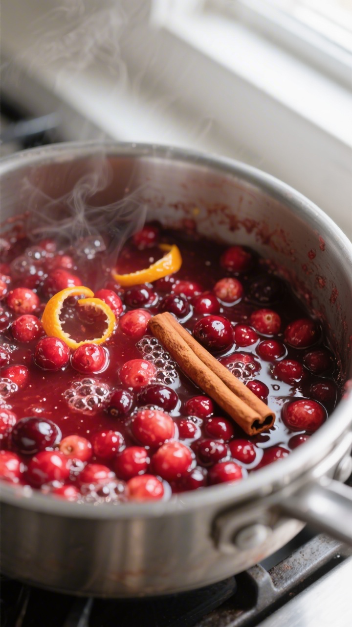 Cooking process close-up: Cranberry sauce simmering in a medium stainless saucepan, cranberries mid-