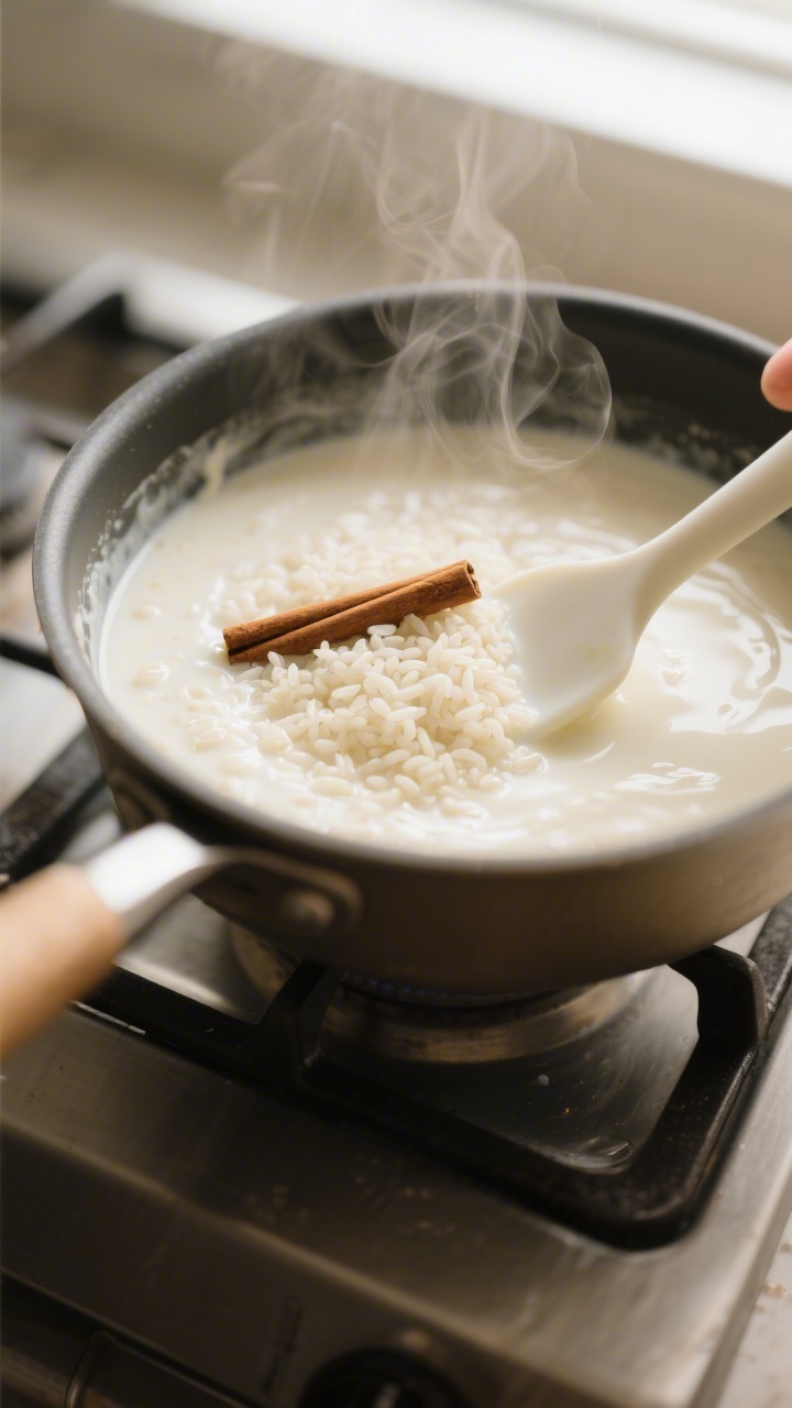 Cooking process close-up: Creamy rice pudding simmering in a heavy-bottomed saucepan on low heat, th