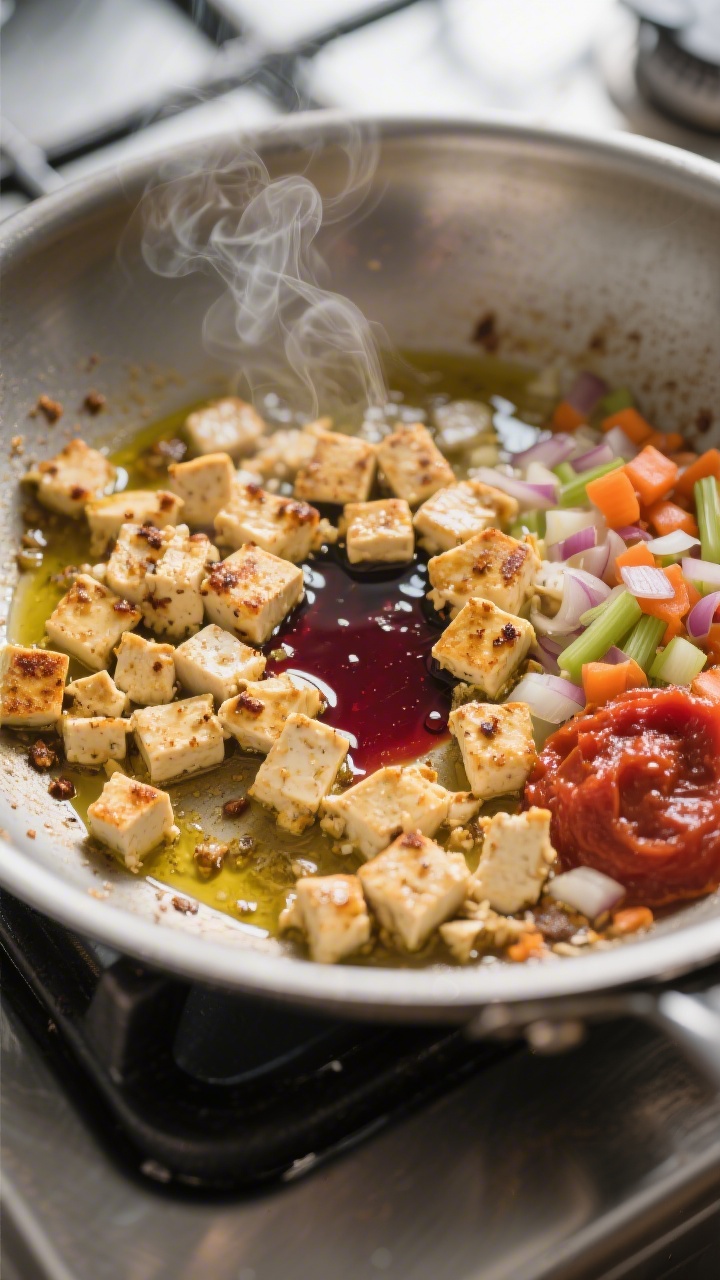 Cooking process close-up: Crumbled extra-firm tofu browning in a wide stainless skillet, golden and 