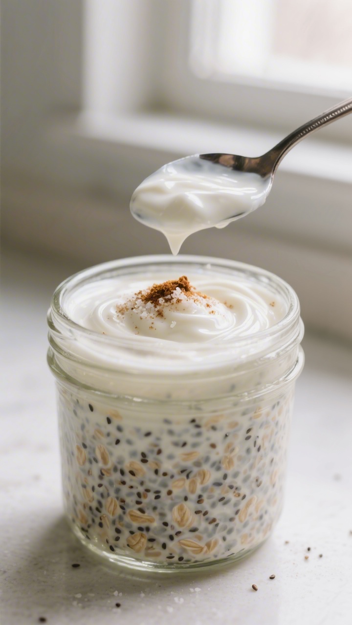 Cooking process, close-up detail: A 12–16 oz glass jar on a clean countertop just after mixing, sh