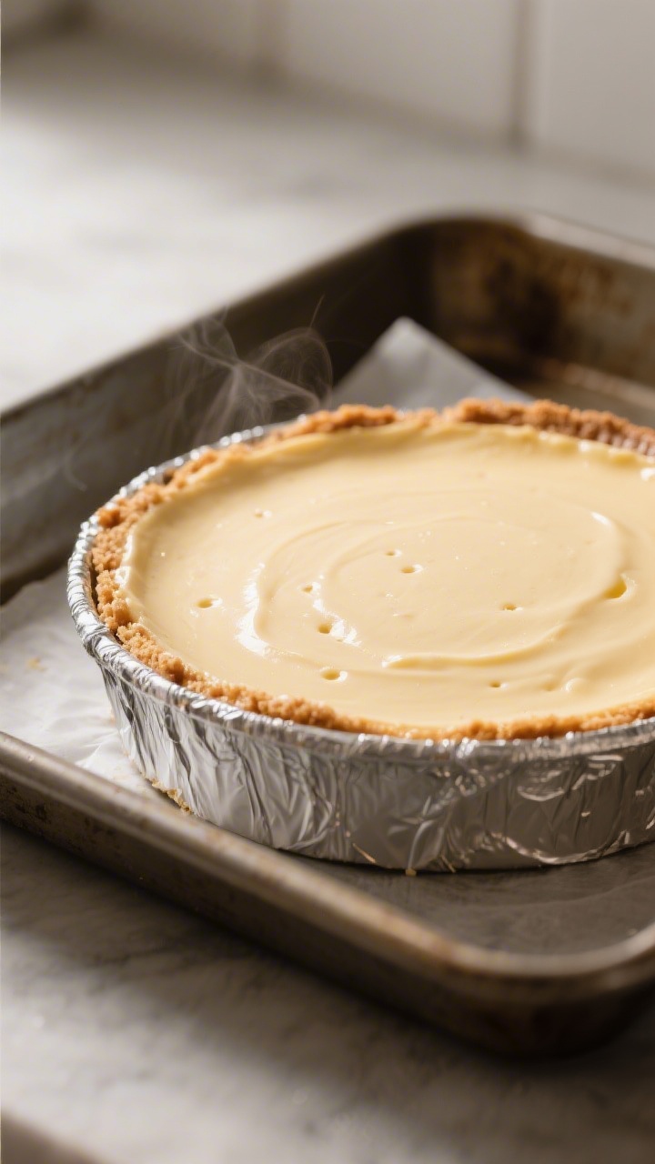 Cooking process, close-up detail: A just-baked New York–style cheesecake still in a 9-inch springf