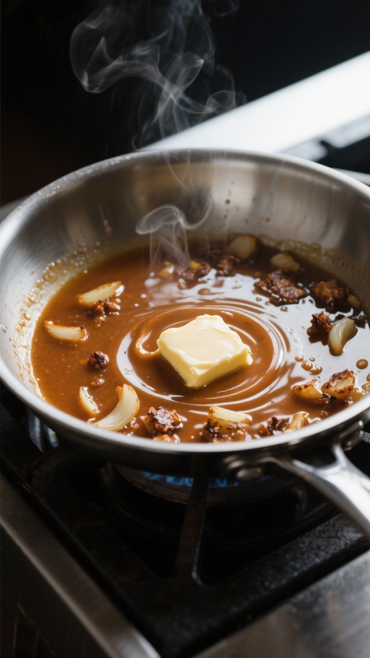 Cooking process, close-up detail: A saucier pan on the stovetop with a glossy, just-finished pan sau